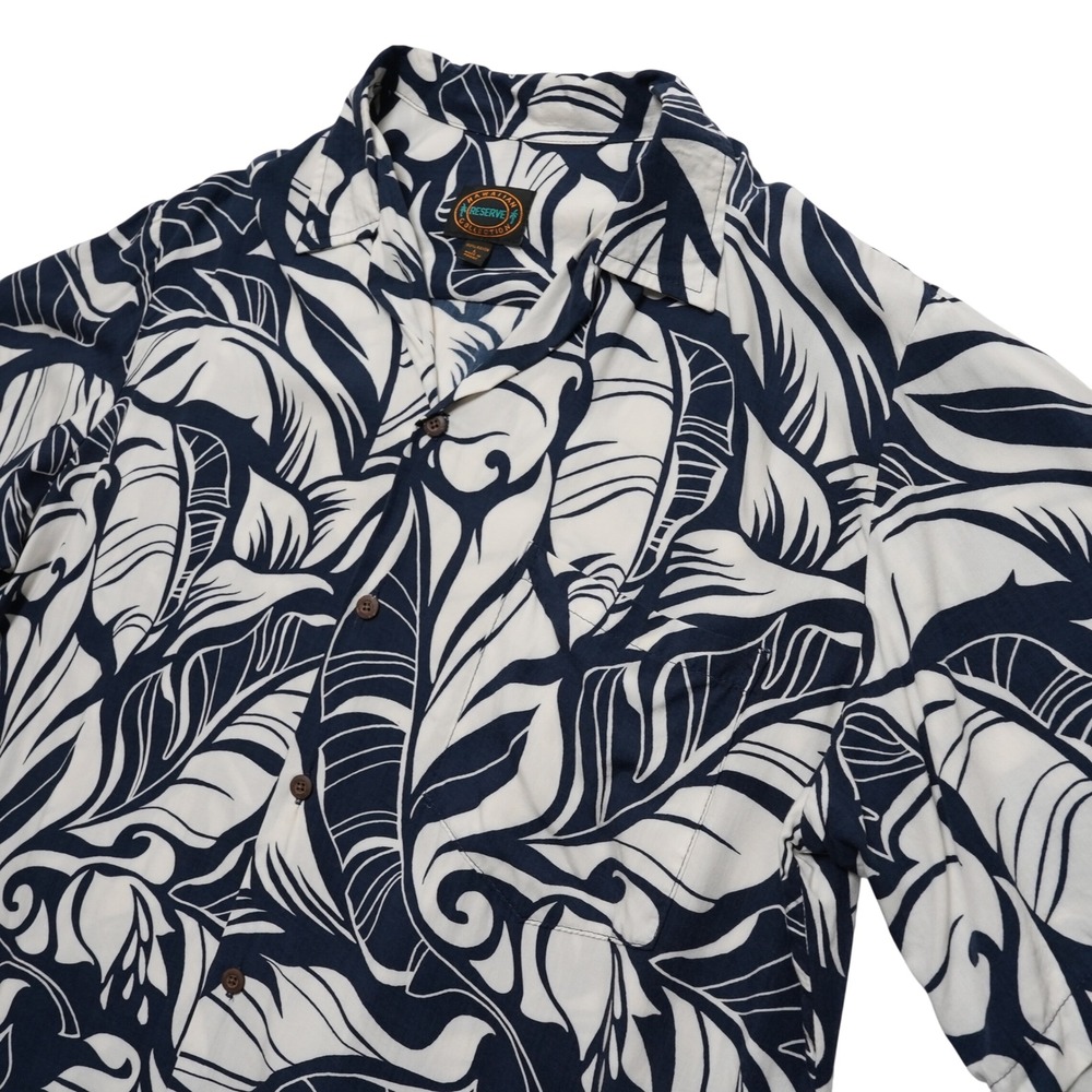 Hawaiian Reserve Collection‎ Aloha Shirt Men Large Navy Blue Tropical Leaf Rayon